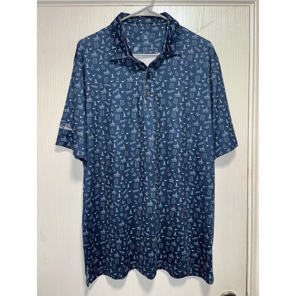 Coby Stevens Men's Golf Polo Size L UPF 50+ Work Logo Stretch Blue‎ Full Print